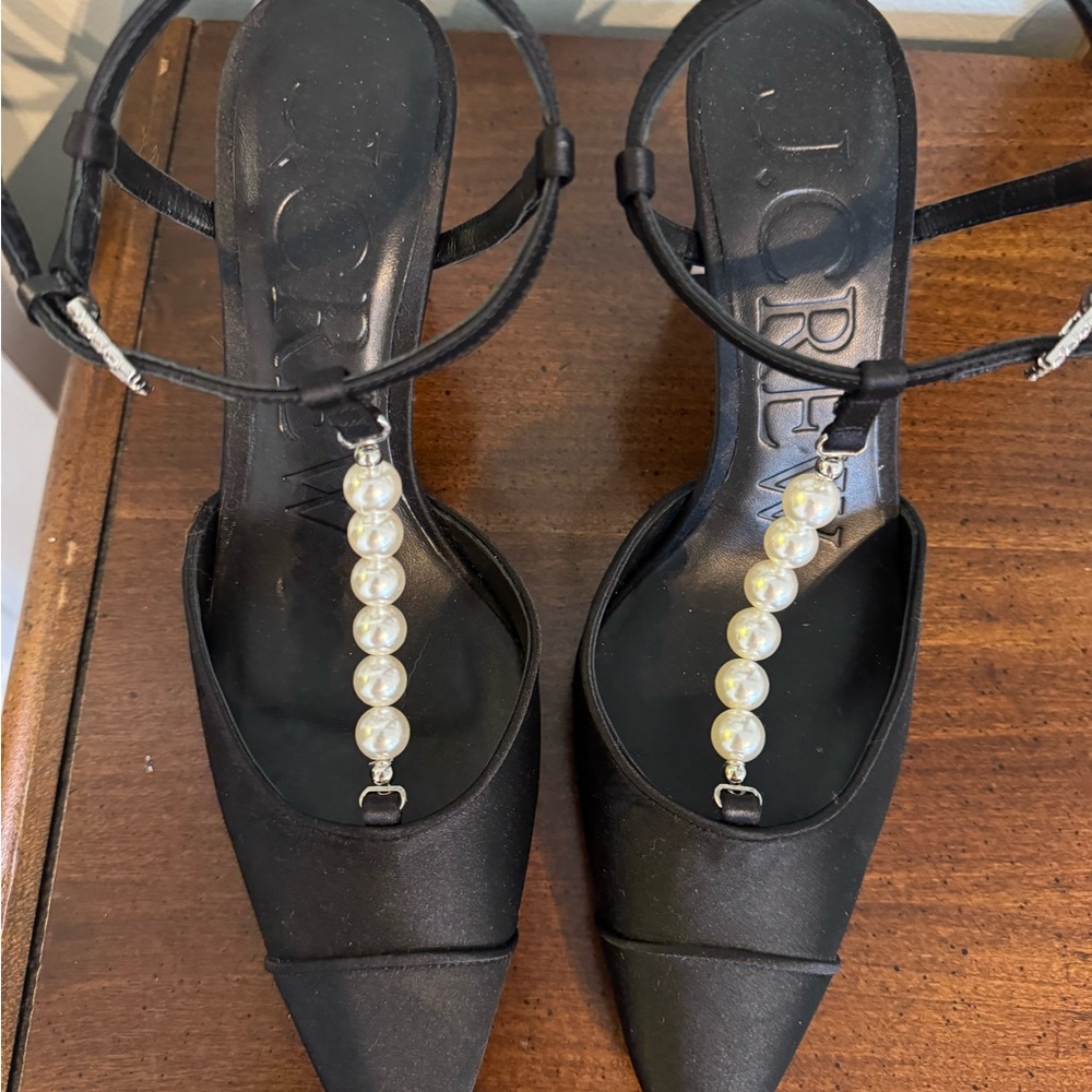 J. Crew Black Satin Pumps with Pearl T-Strap - Picture 3 of 8